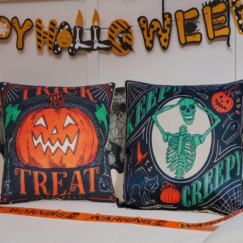 Hongsome Vintage Halloween Decor-Throw Pillow Covers 18x18 in set of 4 Retro Linen Pillow Case with Scaredy Cats Pumpkins Skull Bats for Couch Fall Holiday Outdoor Burnt Orange Green Black Decorations - Image 4